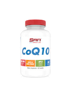 CoQ10-kapslar i vit burk med röd skruvlock och SAN-logga