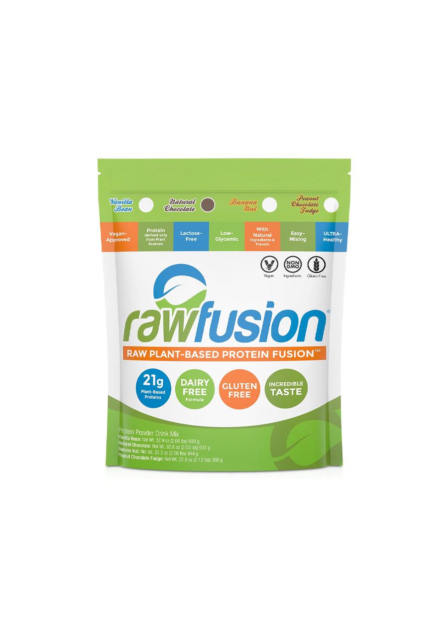 RawFusion proteinfusionpåse, grön förpackning med logotyp och infofält