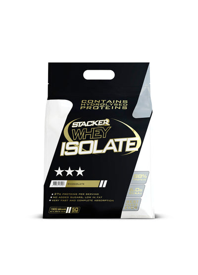 STACKER2 whey isolate proteinpulverpåse, svart förpackning med handtag upptill