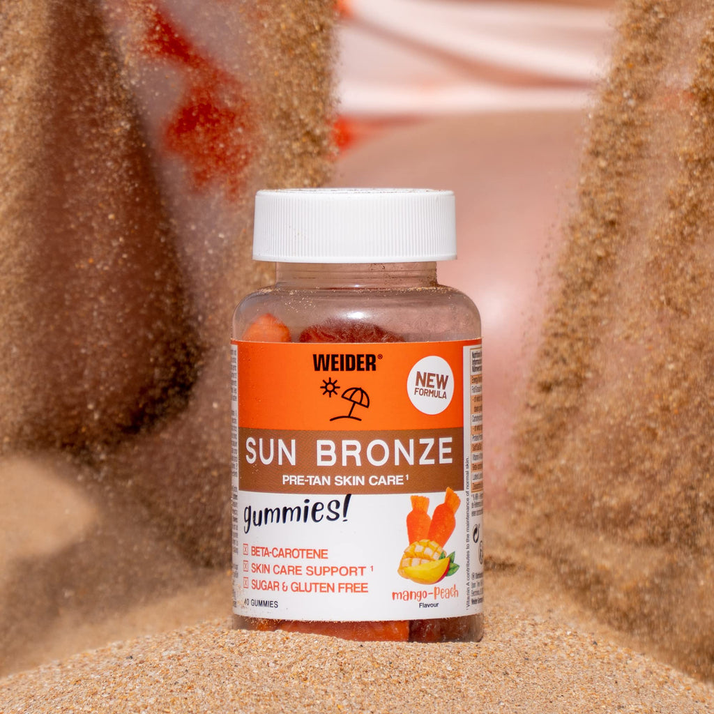 Weider Sun Bronze gummier: orange etikett på burk med vit skruvkåpa, mango‑persika
