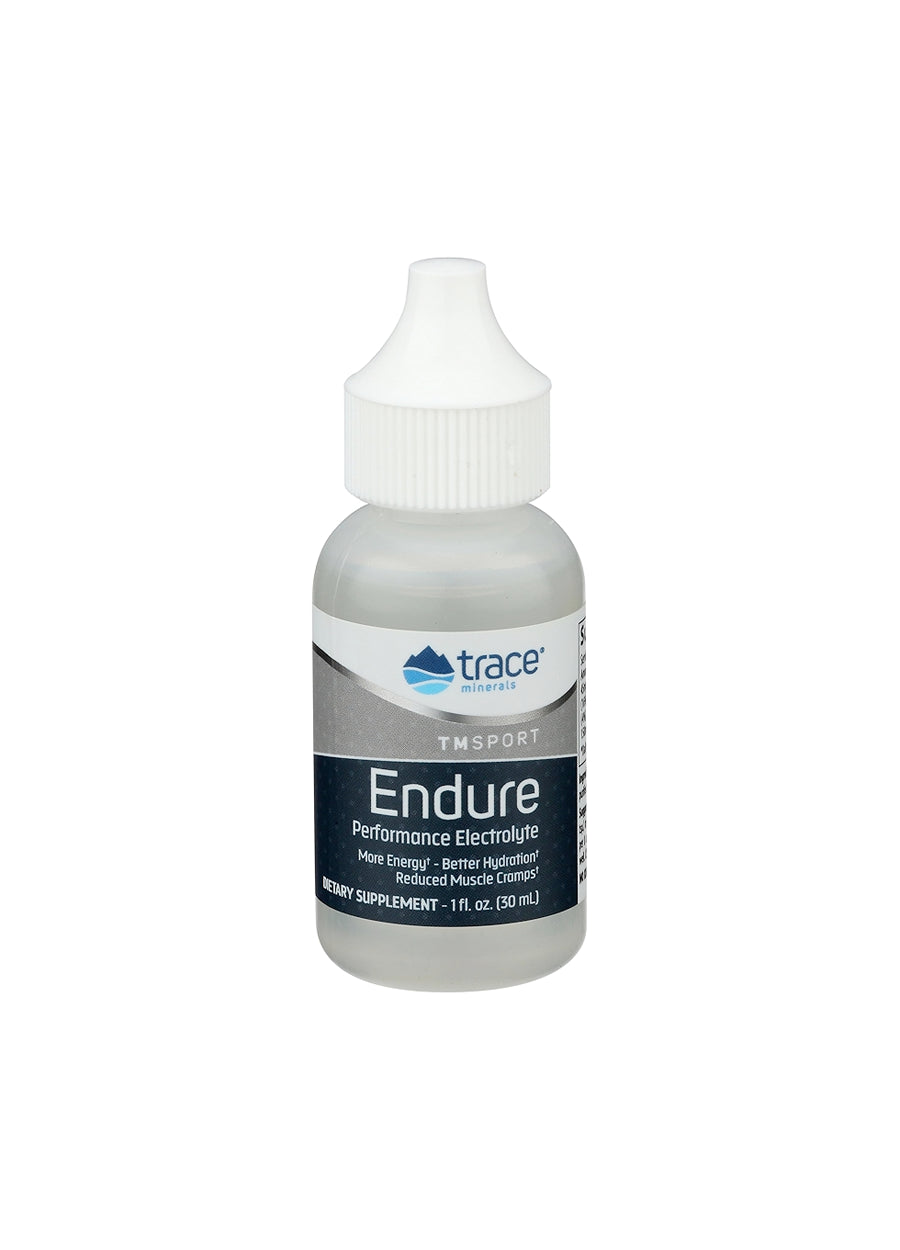 Elektrolyttillskott Endure 30 ml i flaska med vit kapsyl, etikett med trace-logga