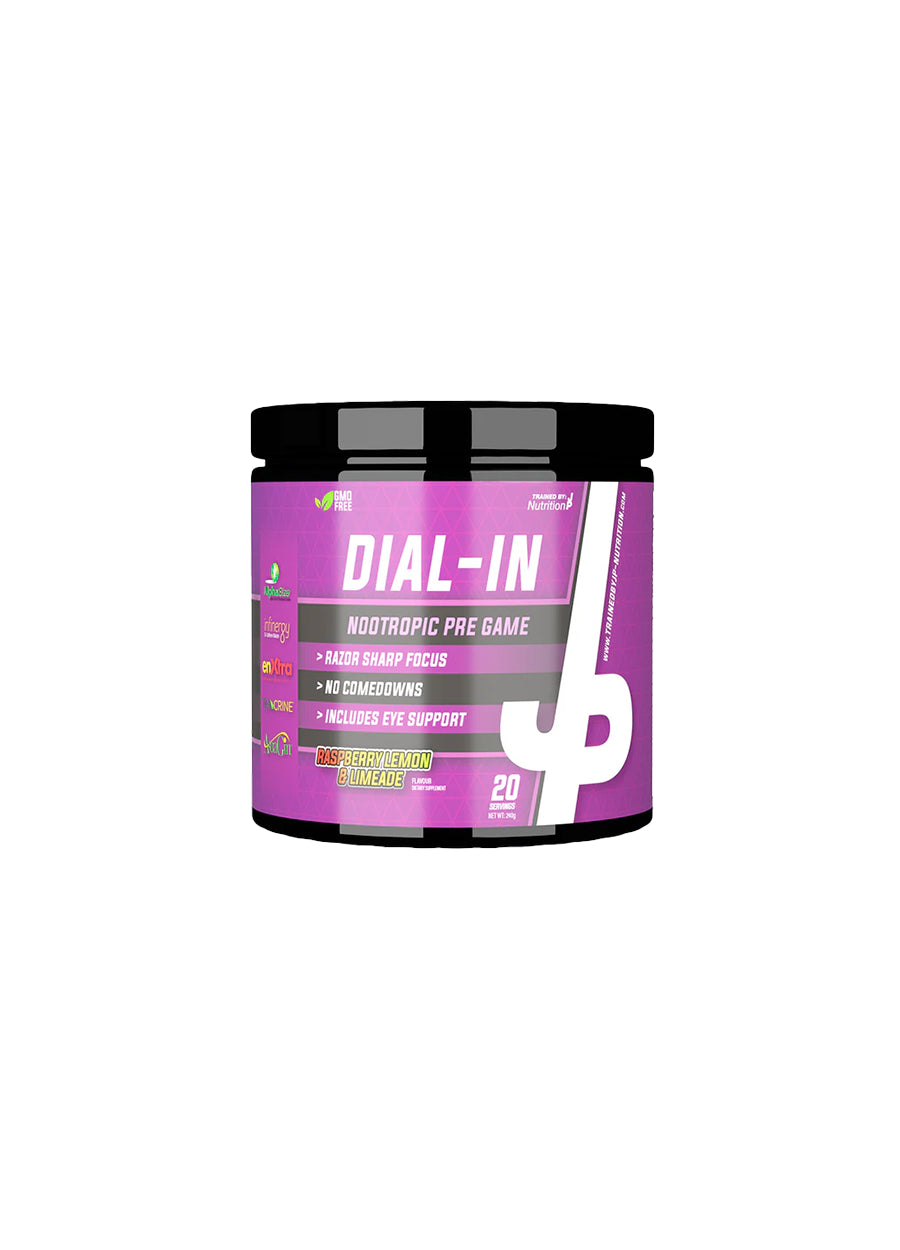 Kosttillskottburk Dial-In med lila etikett och svart lock, 240 g