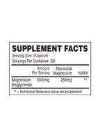 Etikett med näringsinnehåll: magnesiumbisglycinat, 1000 mg per kapsel.