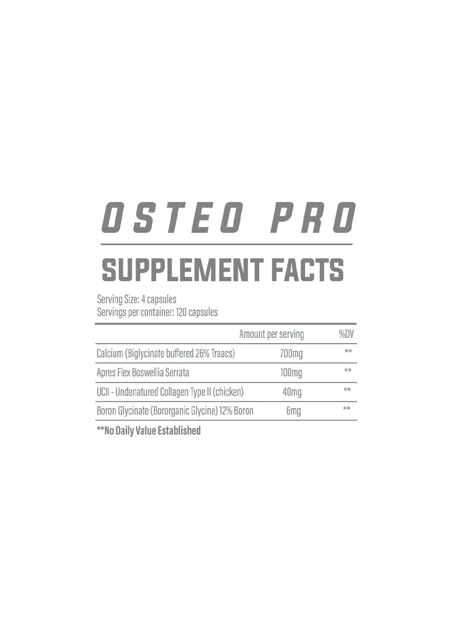 Osteo Pro etikett med Supplement Facts-tabell på kapselburk