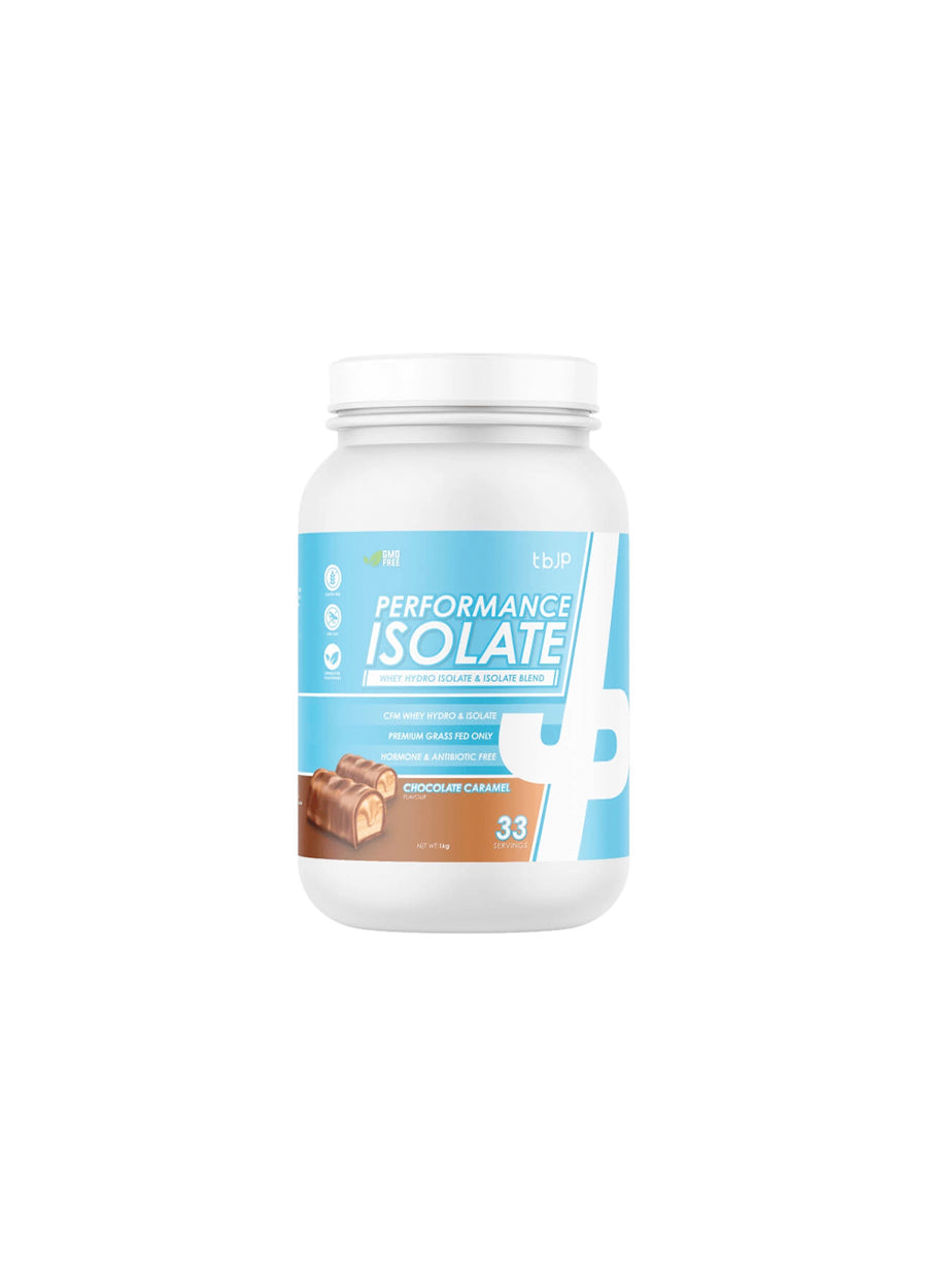 Proteinisolat i vit burk med blå etikett och chokladfärgad frontgrafik