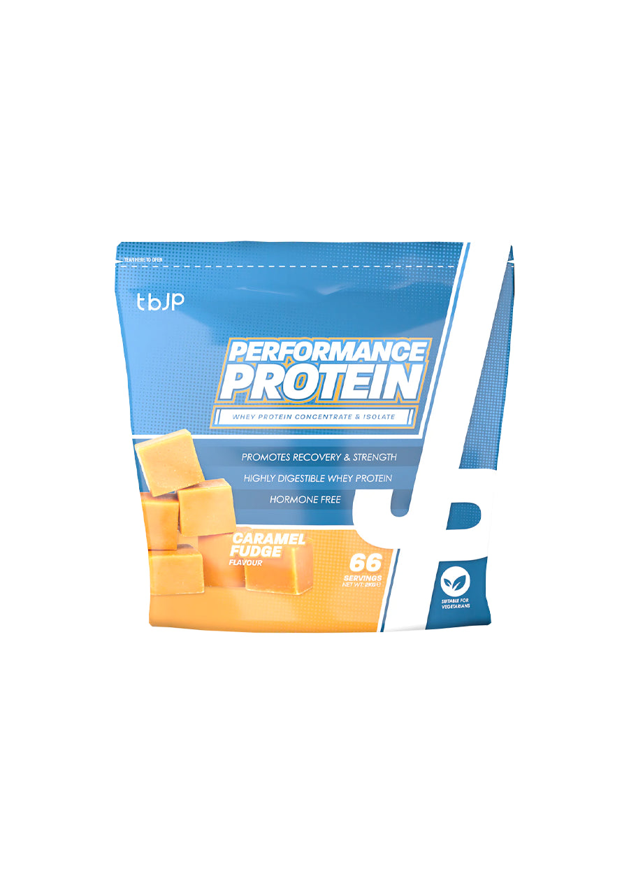 Proteinpulverpåse Performance Protein med karamellfudget smak, 2000 g