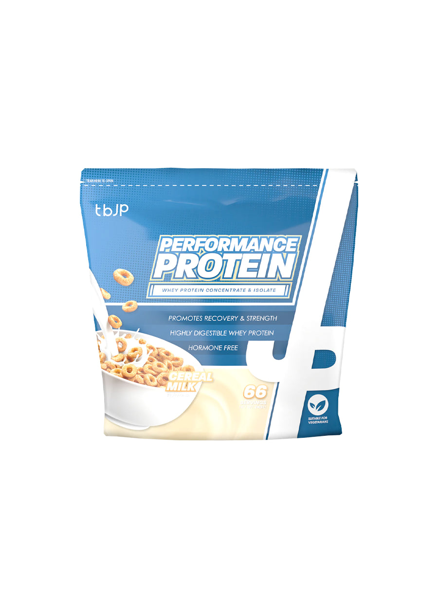 Proteinpulverpåse tbup Performance Protein, blå och vit med cereal-milk-illustration