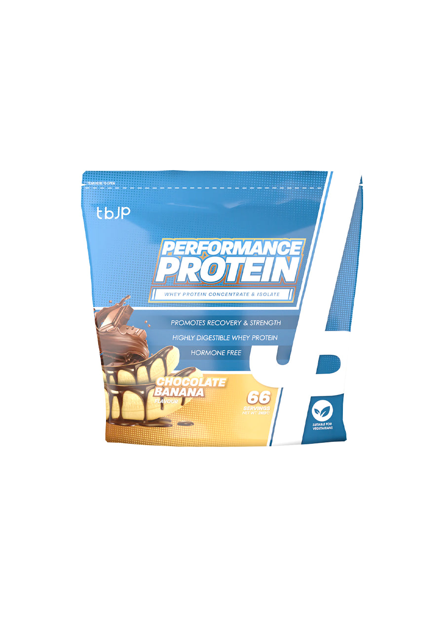 Proteinpulverpåse Performance Protein med choklad-banan-smak, 2000 g
