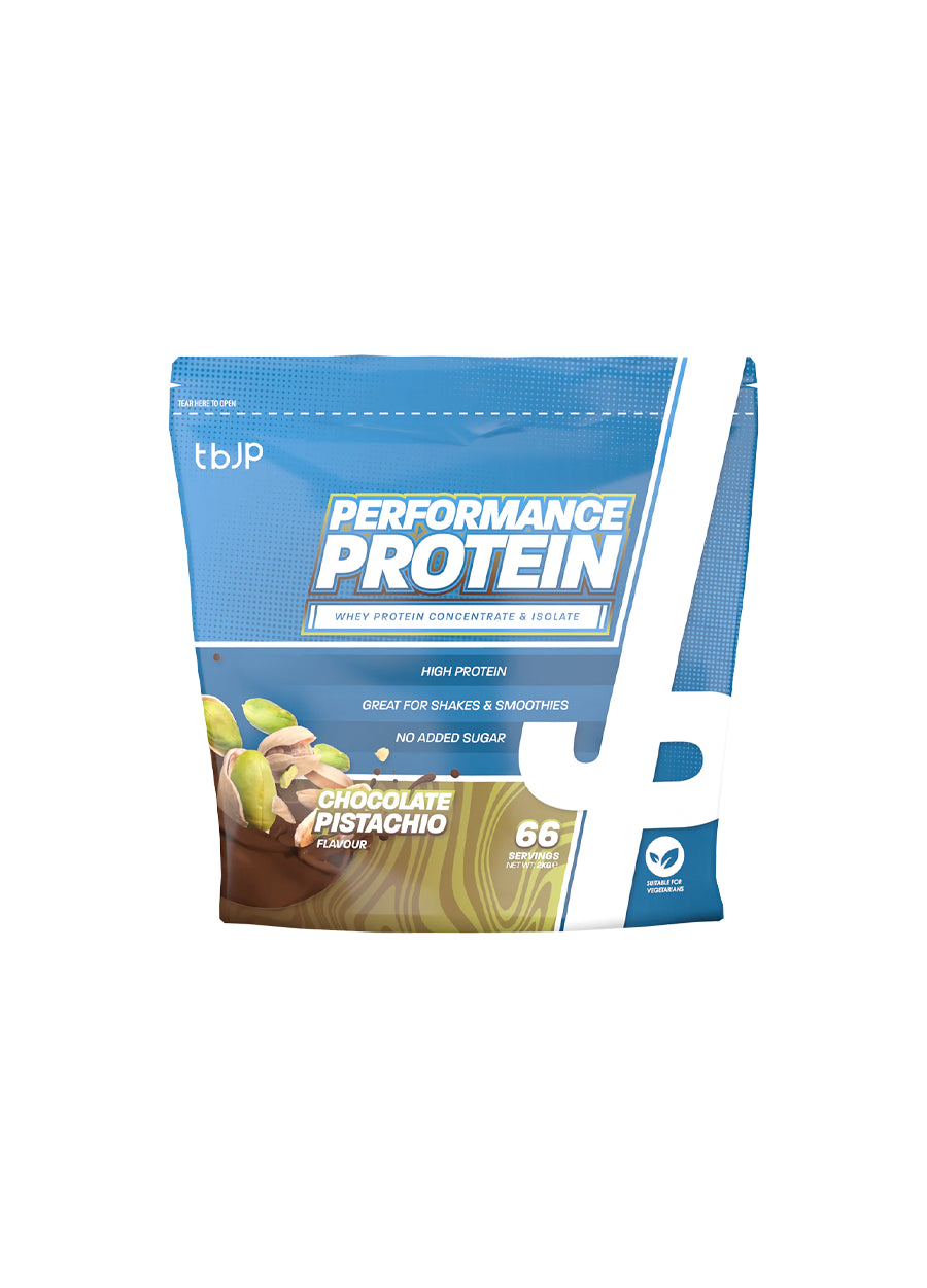 Proteinpulverpåse tbup Performance Protein, chokladpistage, blå och brun framsida