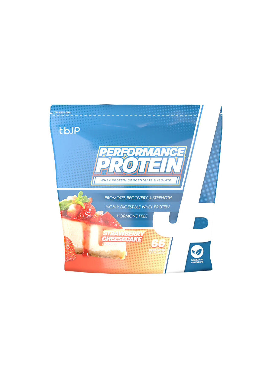 Proteinpulverpåse tbup Performance Protein, jordgubbscheesecake, blå och röd framsida