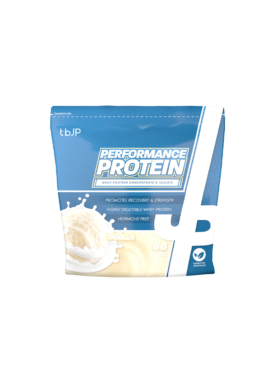 Proteinpulverpåse tbup Performance Protein, blå och vit förpackning med skedillustration