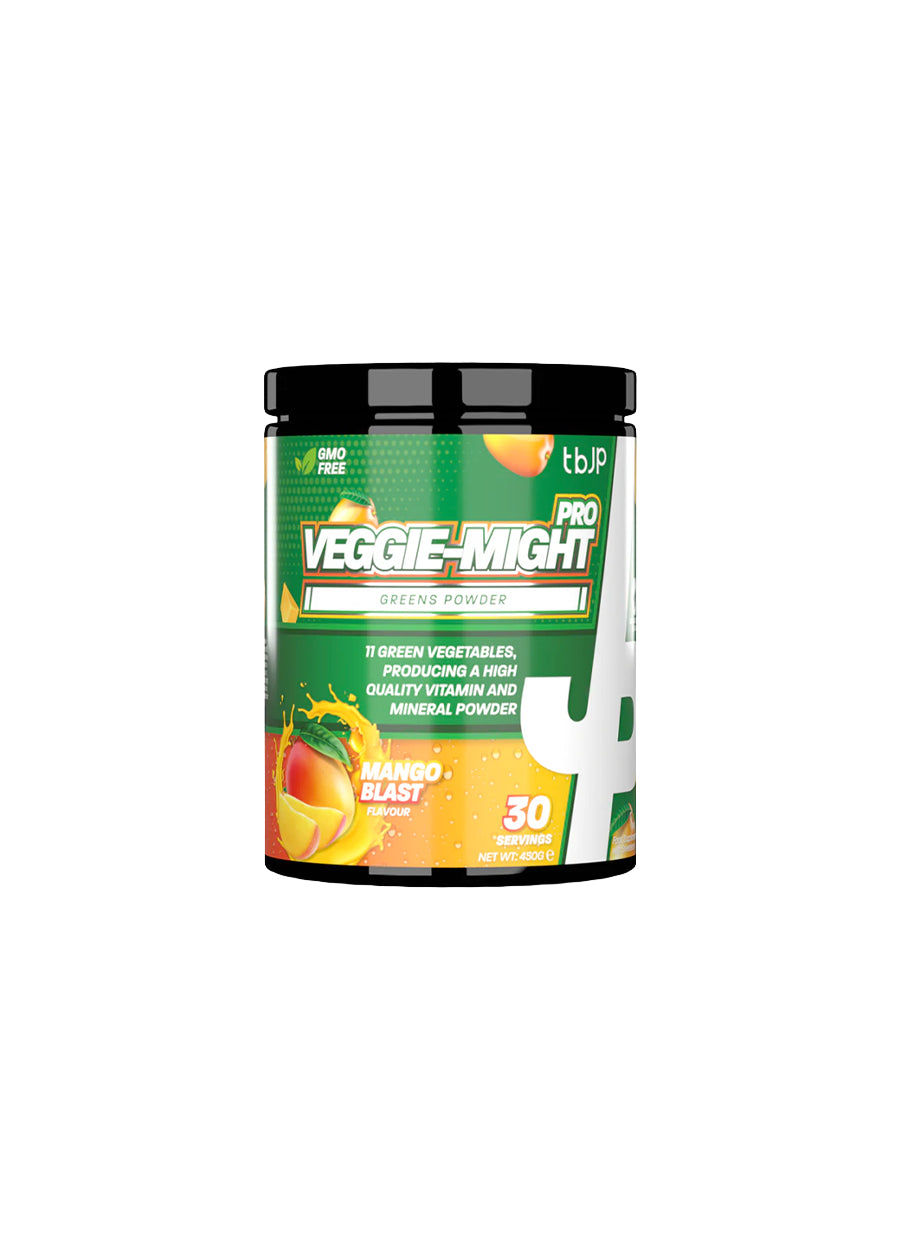 Trained by JP Veggie-Might Pro Greens 450g Mango Blast Framsida
