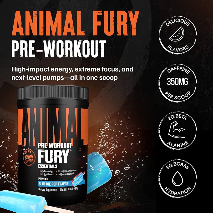 Animal Fury pre-workout-burk med grön äppelsmak, orange ränder och etiketttext