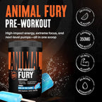 Animal Fury pre-workout-burk med grön äppelsmak, orange ränder och etiketttext