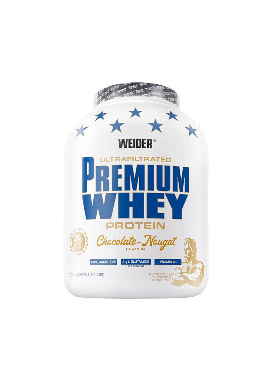 Weider Premium Whey proteinpulver, choklad nougat i förpackning