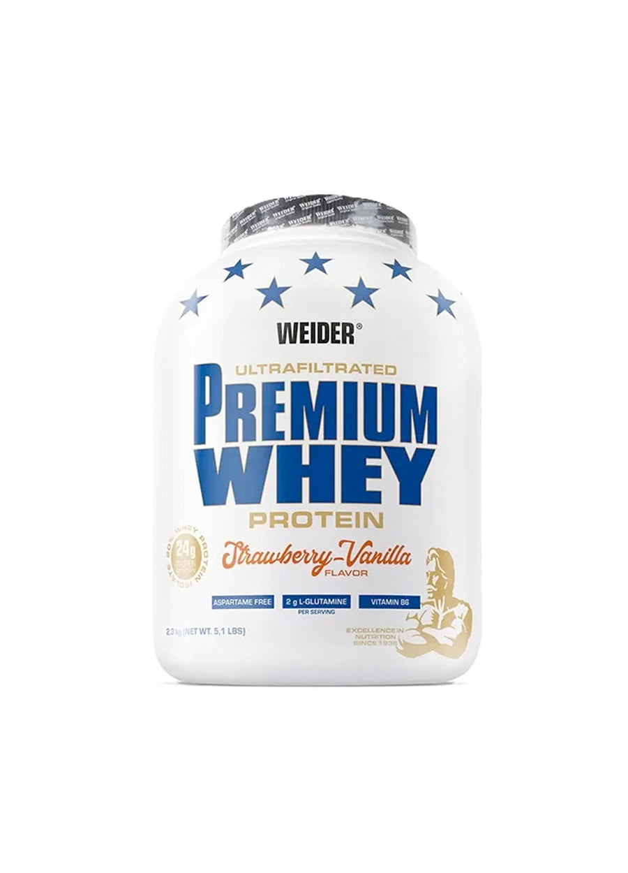 Weider Premium Whey proteinpulver, jordgubb-vanilj i förpackning