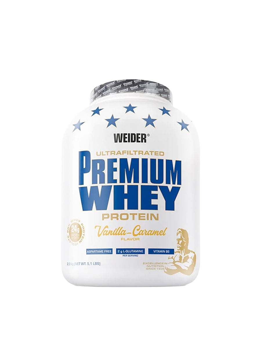 Weider Premium Whey proteinpulver, vaniljkaramell i förpackning