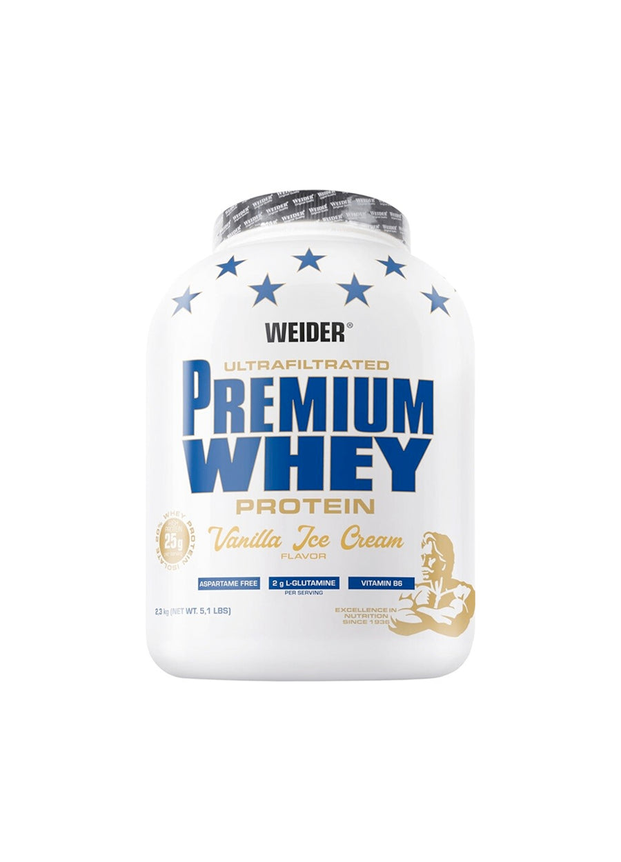 Weider Premium Whey proteinpulver, vaniljglass i förpackning