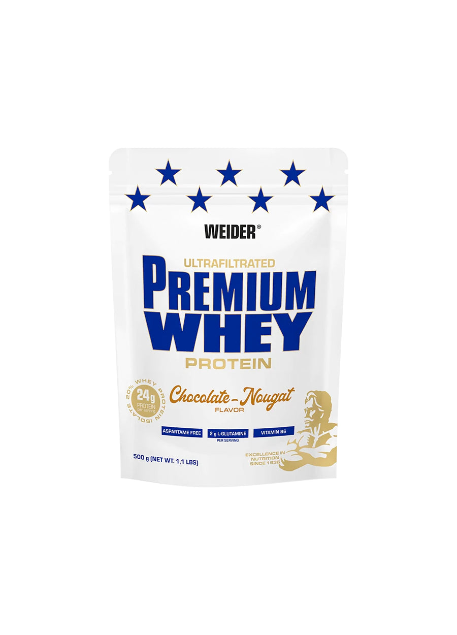 Weider Premium Whey proteinpulver, påse med choklad-nougat smak