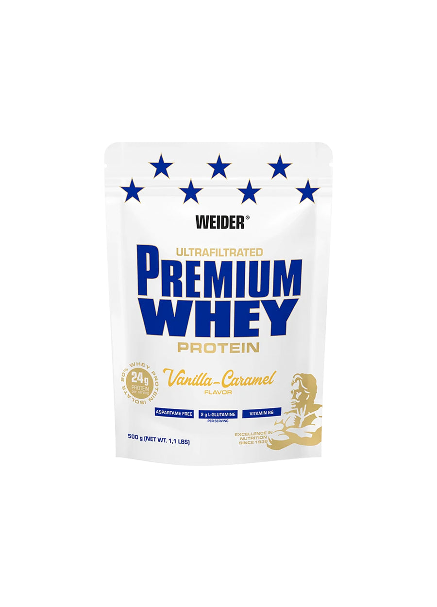 Weider Premium Whey proteinpulver, påse med vanilj-karamellsmak
