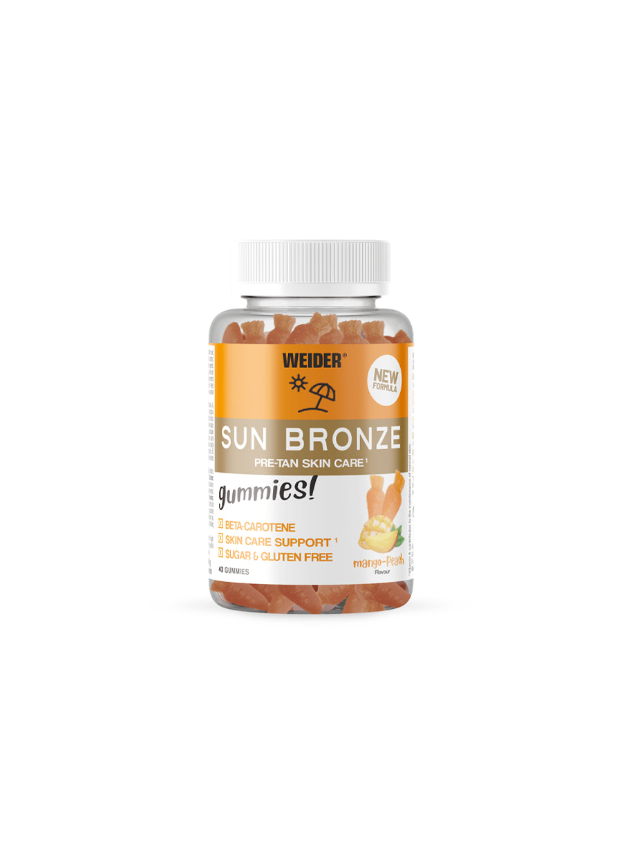Weider Sun Bronze gummier i burk med vit skruvkåpa, mango‑persika