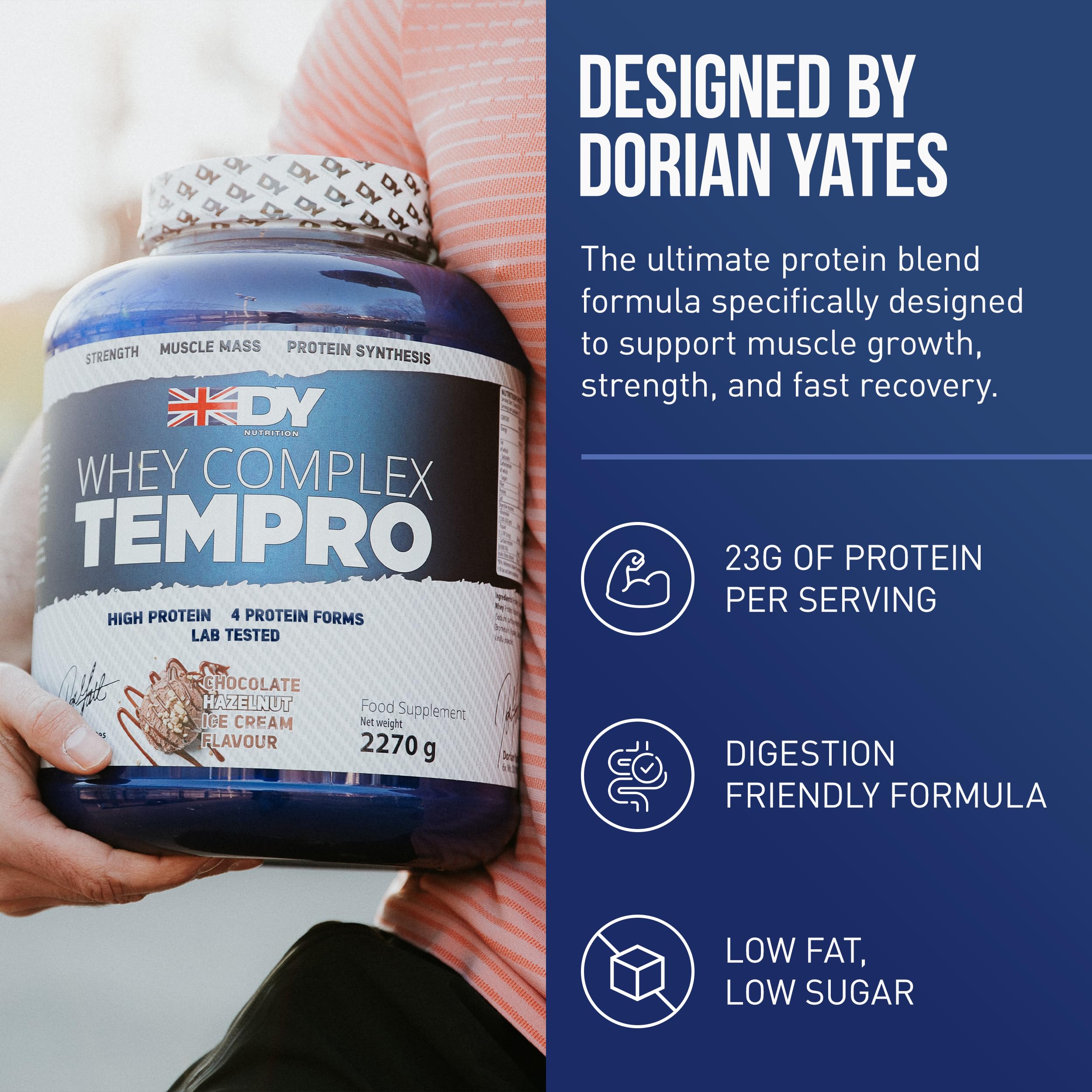 Proteinpulver i blå burk DY Whey Complex Tempro, chokladsmak, 2270 g