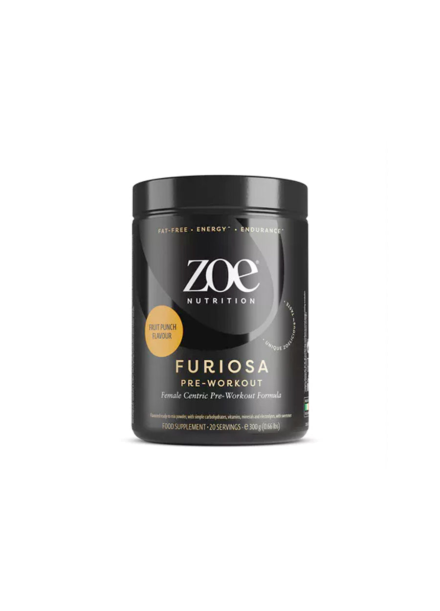ZOE nutrition Furiosa pre-workout 300 g: svart burk med lock och etikett.