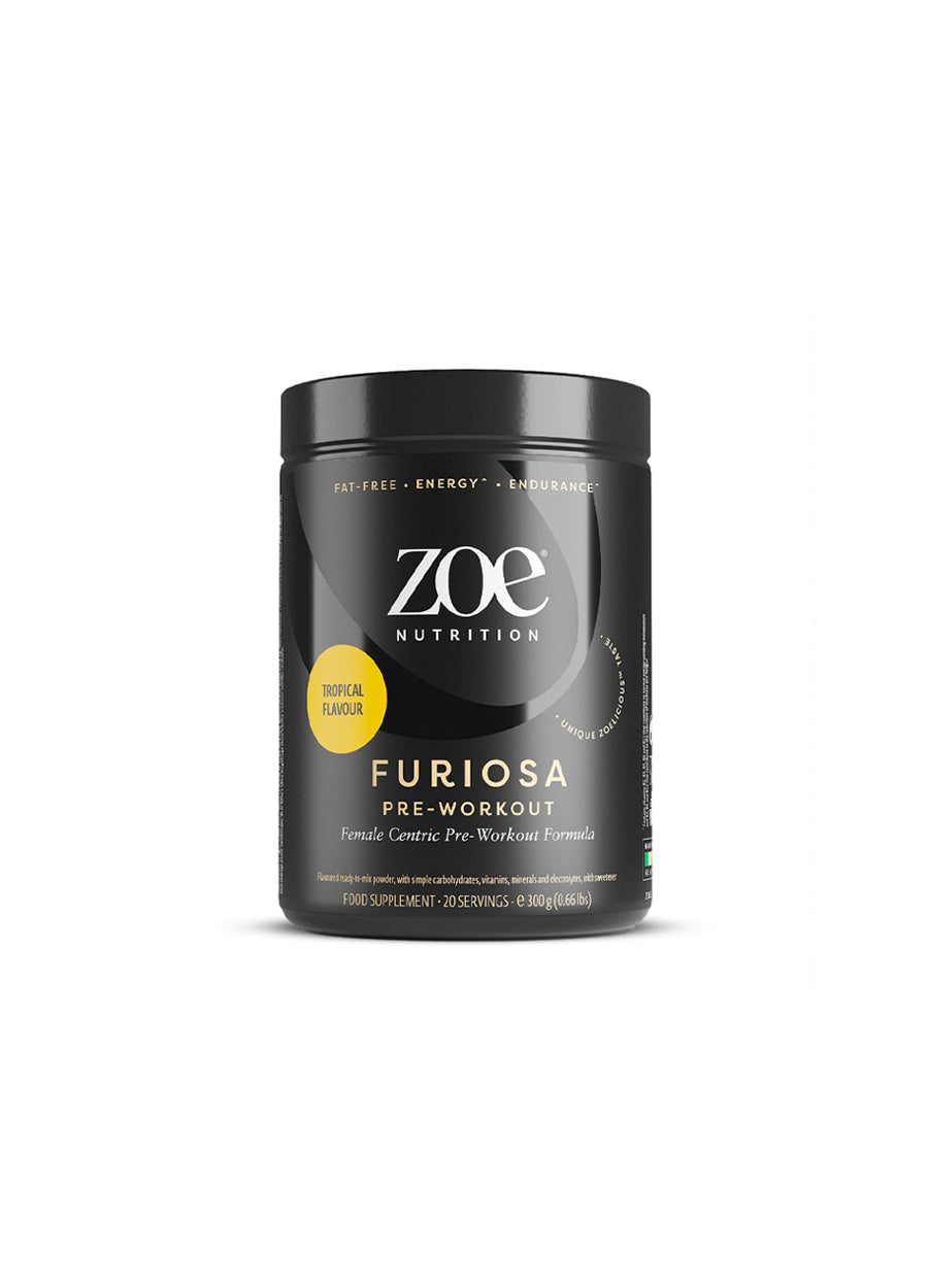 ZOE nutrition Furiosa pre-workout 300 g: svart burk med främre etikett synlig.